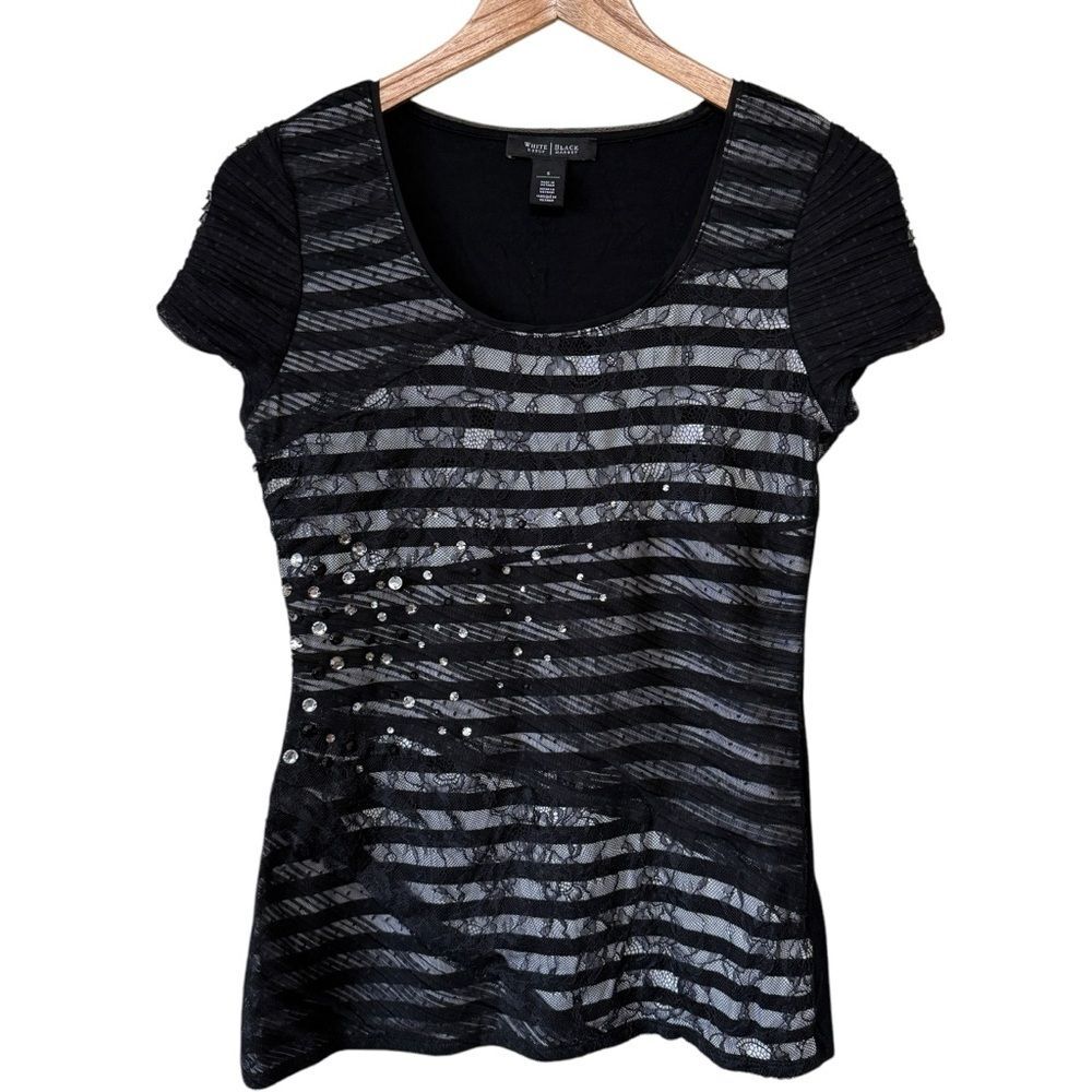 White House Black Market Black Sheer Striped Lace Rhinestone Blouse Women's Sz S